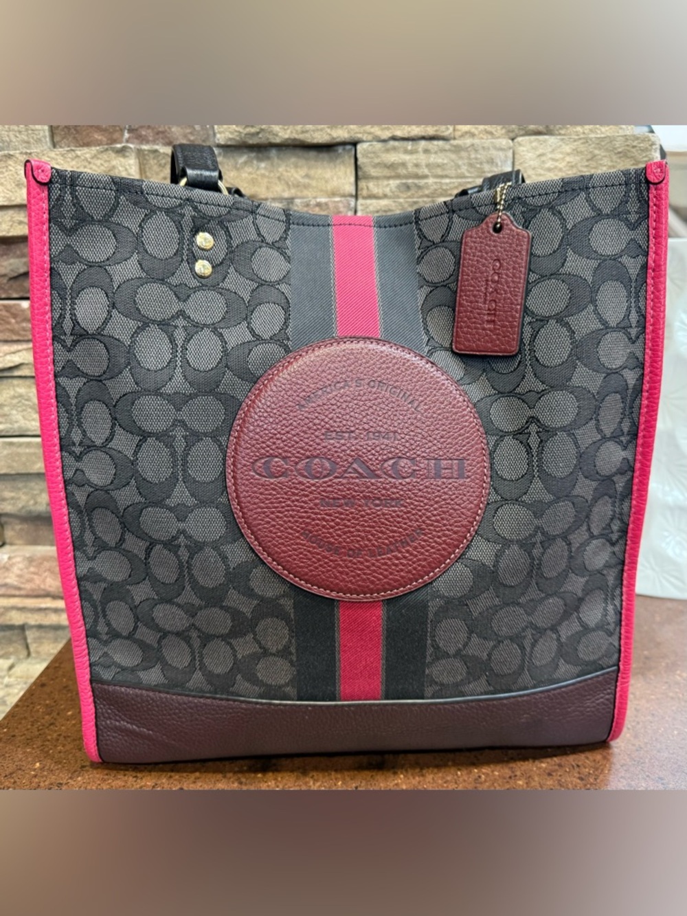 Coach Dempsey Tote in Signature Jacquard with Pink Strip